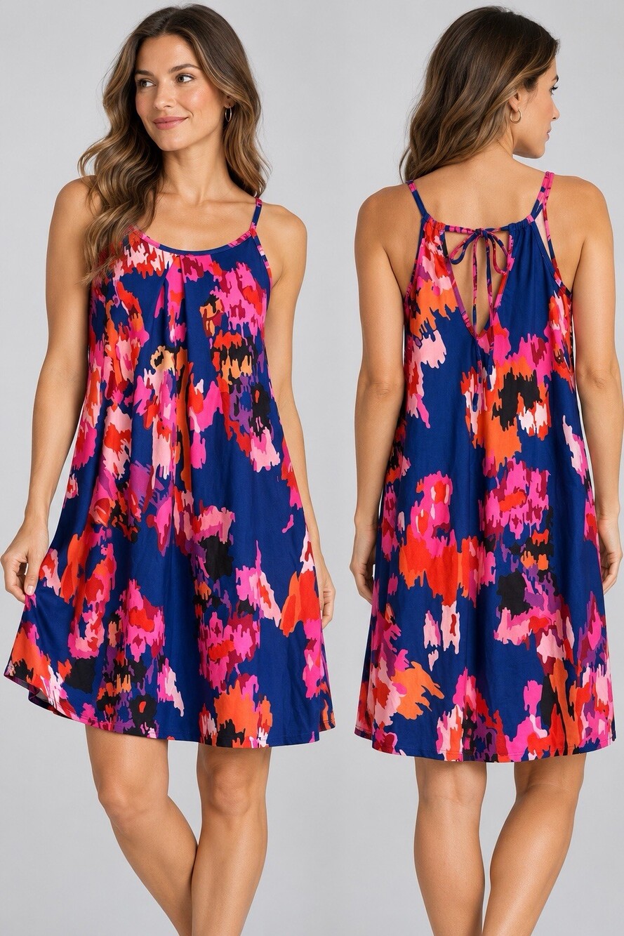 Womens M Navy Multicolor Abstract Floral Swing Dress Tie Back Sleeveless